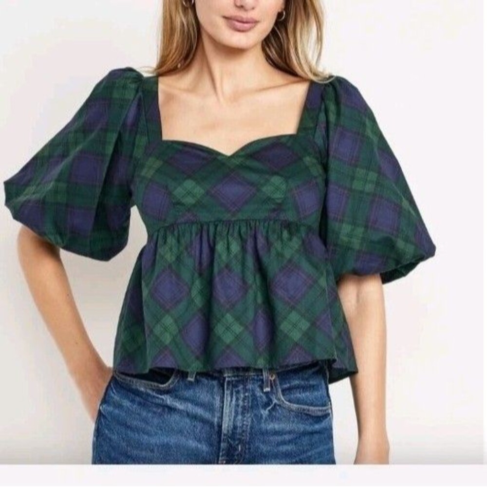 NWT Women's Old Navy Puff Sleeve Poplin Peplum Top Size L Tartan